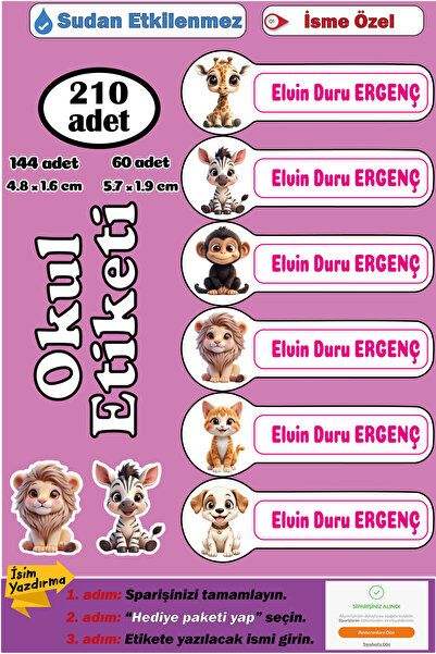 GSticker İsme Özel Okul Etiketi Kalem Defter Etiketi Sticker Kız Çocuk Hayvan...