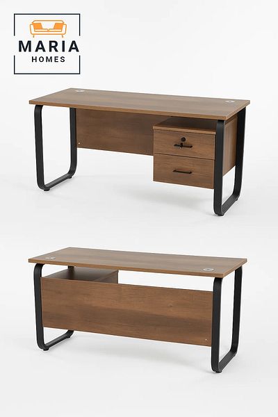 MARIA HOMES Dark Wood Office Desk with Metal Frame and Lockable Drawer Cabinet-size 60*140