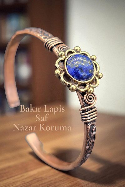 NBS Beautiful Naturel Stones سوار نحاسي نقي أنيق من حجر اللازورد قابل للتعديل للجنسين (أفضل نوعية من النحاس النقي)