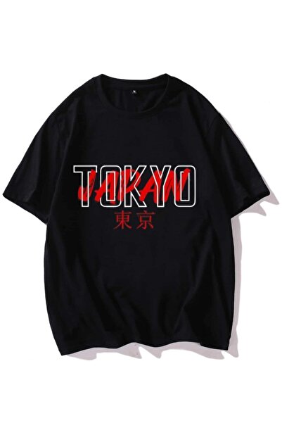 donamod Tricou negru pentru bărbați Tricou oversize imprimat Tokyo Japonia