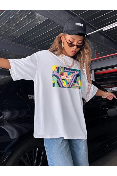 donamod Tricou negru oversize 100% bumbac imprimat fără sfârșit pentru femei