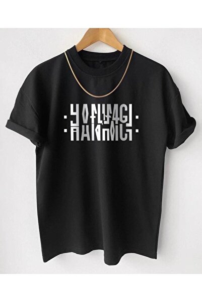 donamod Tricou negru unisex cu imprimeu Hanımcı, pliat, cu gâtul rotund