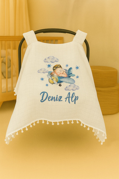 Moda Lime Kişiye Özel İsimli Uçak Desenli Puset Örtüsü - Bebek Arabası Örtüsü