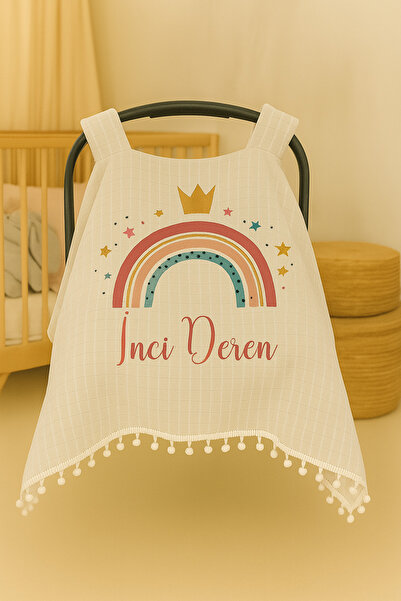Moda Lime Kişiye Özel Taç ve Gökkuşağı Desenli Bebek Puset Örtüsü – İsim Yazı...