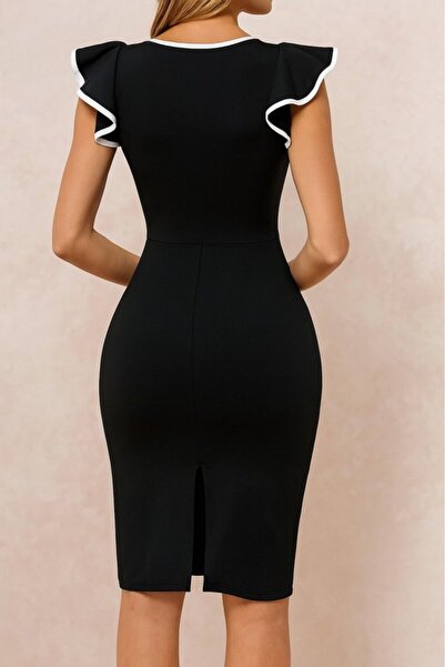 JANES فستان نسائي قصير الأكمام بياقة دائرية شق مستورد من الكريب