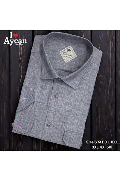 EREN STYLE قميص كتان كلاسيكي بأكمام قصيرة وجيبين وغطاء رمادي (مقاس عادي)