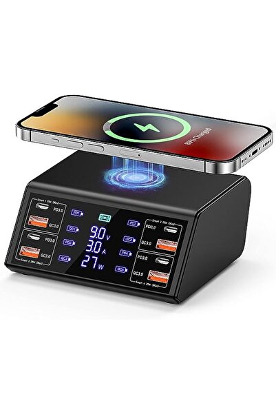 Choice شاحن USB أسود بمقبس أوروبي بقوة 100 وات و8 منافذ مع شاشة عرض رقمية للشحن اللاسلكي QC3.0 Q