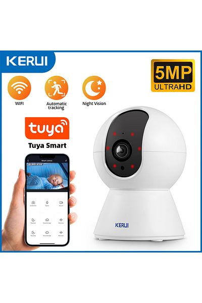 Kerui كاميرا Tuya Smart Mini IP بدقة 5 ميجابكسل مزودة بمقبس من الاتحاد الأوروبي وكاميرا مراقبة منزلية لاسلكية داخلية CCTV