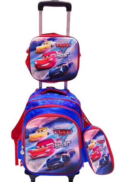 Toybox مجموعة حقائب مدرسية من 3 قطع برسومات كرتونية من سيارات ماكوين - حقيبة ظهر مع عربة وصندوق غداء وحافظة أقلام