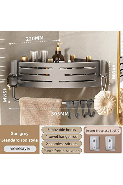 Choice رف زاوية دش رمادي اللون مع قضيب بدون حفر، رف حمام من الألومنيوم مع قضي...