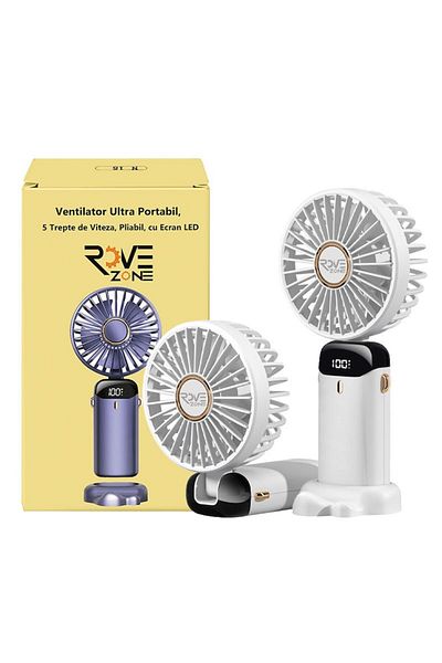 RoveZone Ultra Portable Fan 3-in-1, Handheld, Desk, Neck, LCD, White