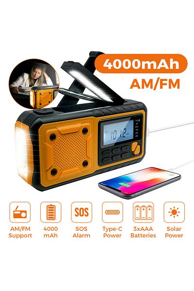 Choice راديو طوارئ محمول يعمل بالطاقة الشمسية LOTOTG بسعة 4000 مللي أمبير في الساعة من Orange مع شحن يدوي AM/FM وراديو طقس L