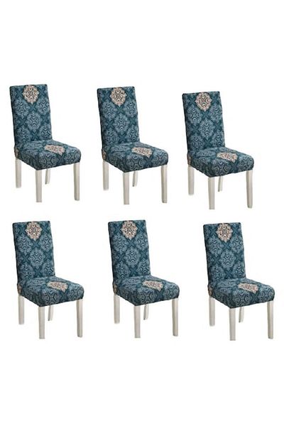 OEM Set 6 huse universale pentru scaune din poliester și elastan, imprimeu elegant, MS STAR, turcoaz-bej