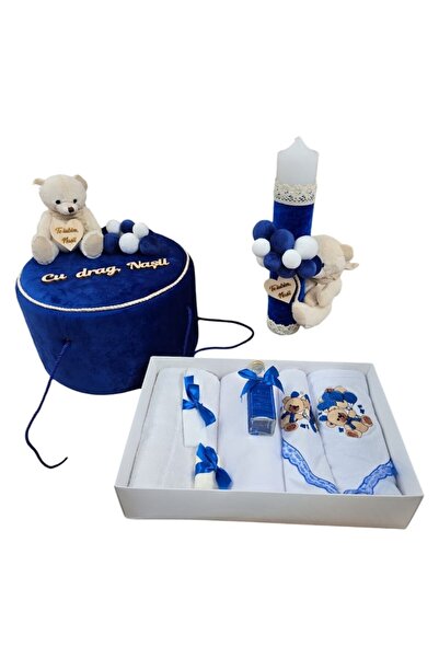 OEM Set elegant trusou botez, cutie trusou si lumanare, Cu Drag Nasu, Decor dantela Albastru