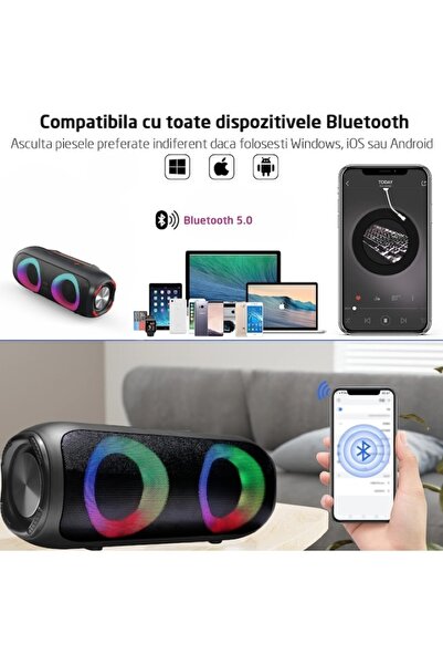 EMATTERIO Boxă Portabilă cu Lumini RGB, Bluetooth 5.0, 30 W, IPX6, USB/AUX/SD/Radio, 4000 mAh