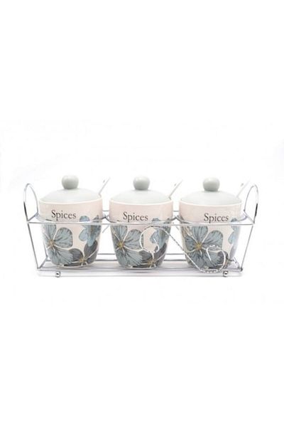 wei Set 3 recipiente condimente, ceramica, suport, capace Cu Suport Metalic, GRI/ALB