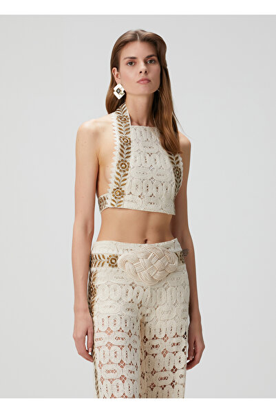 Raisa&Vanessa Brode Ekru Crop Dantel Bluz