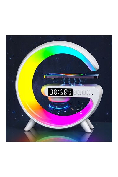 MasterLED Lampă de birou LED RGB 5W în formă de G, difuzor Bluetooth de 155 mm, încărcare wireless Qi, ceas deșteptător, radio FM