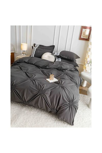 JOJO HOME Set Lenjerie de pat uni cu dantela si pliuri in forma de inima, Jojo Home, JFH3, bumbac, 2 persoane,