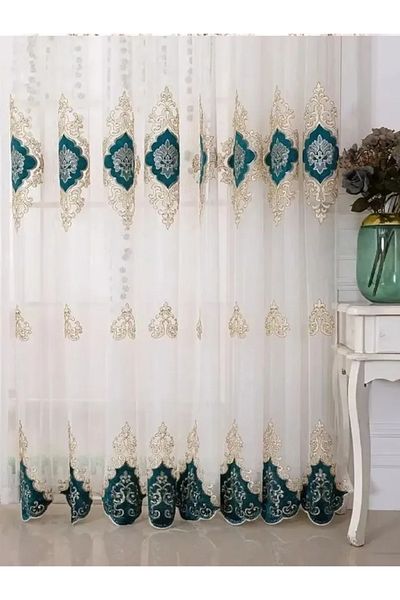 Choice Pull Pleated Tape W140cmXH245cm green 1PC European Retro Exquisite Embroidered Gauze Curtain for Bed