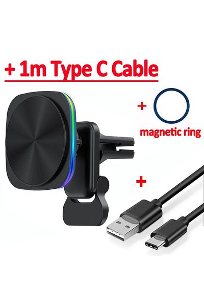 Vikefon RGB Black With Cable 30W RGB LED Magnetic Wireless Charger Car Phone Holder Stand Car Mount For iPho