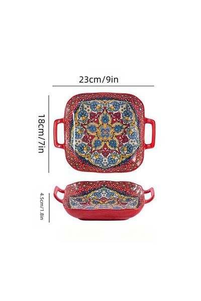 Choice 9 inches Red 1 piece of 9-inch Bohemian style salad plate with double ear ceramic pasta dish, can be
