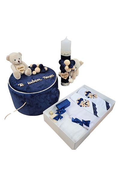 OEM Set elegant pentru botez, cutie trusou și lumânare „Vă iubim, Nași”, decor din dantelă albastru închis