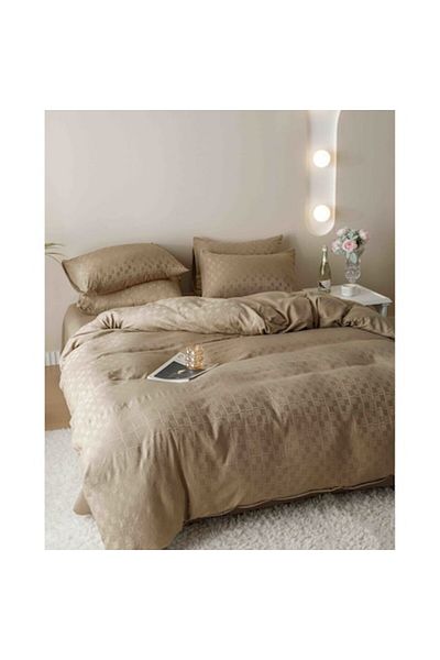 JOJO HOME Set Lenjerie de pat, Jojo Home, JQF15, bumbac jacquard finet premium, uni, 2 persoane, 6 piese, bej