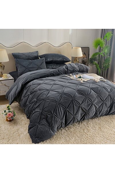 OEM Double Bed Set, Velvet, 4 Pieces, Dark Grey, Elastic
