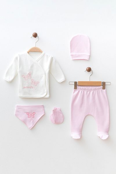 yukobaby bebeğiniz için en doğalı Baby Butterfly Embroidered Cotton 5-Piece Newborn Hospital Release Set Yk0832