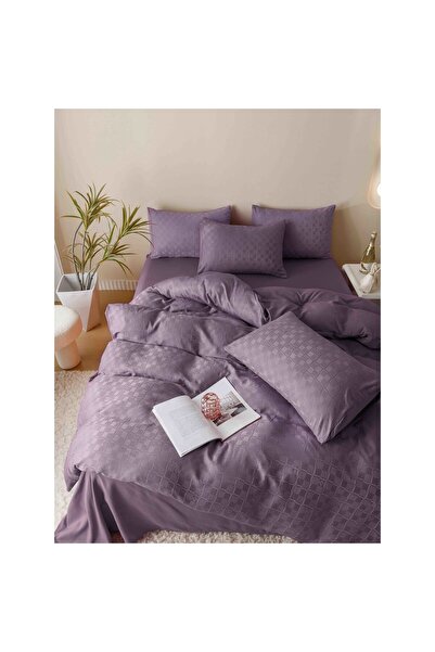 JOJO HOME Set Lenjerie de pat, Jojo Home, JQF8, bumbac jacquard finet premium, uni, 2 persoane, 6 piese, mov