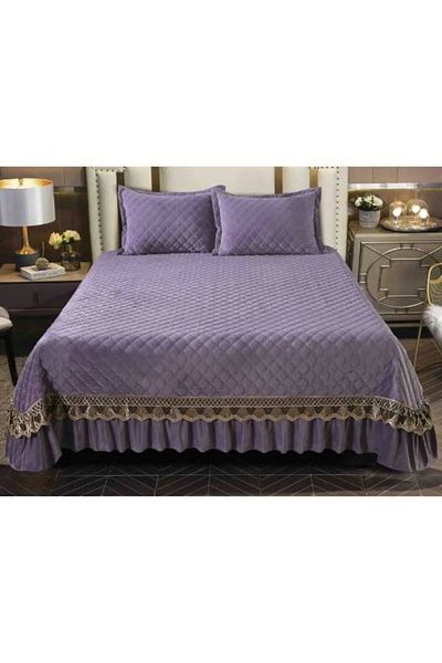Mercaton Set 3 Piese de Lux, Cuvertura de Pat din Catifea cu Broderie, Matlasata, 230x250 cm si 2 Fete de Per