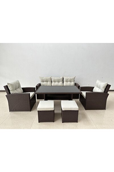 Chomik Garden/terrace furniture set, brown and beige, 1 table, 2 chairs, 2 stools, 1 sofa, Dolores