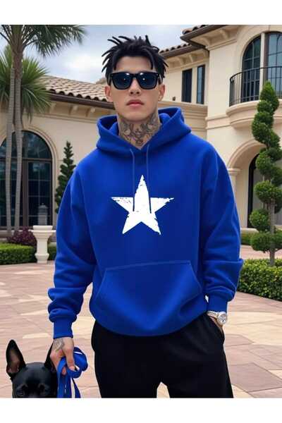 caddekombin A Big Star Baskılı Kapüşonlu Cepli Pamuklu Saks Sweatshirt