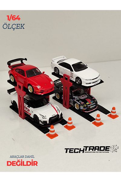 Tech Trade 1/64 Scale Diorama 2 Vehicle Lift 2Pcs Black-Red + 4Pcs Pontoon