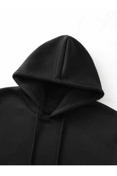 caddekombin Tommy The Legend Baskılı Kapüşonlu Cepli İçi Yünlü Siyah Sweatshirt
