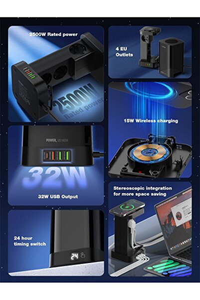 LDNIO Extension Type Tower SEW4485, Wireless Charger, 3 Outlets, 3 X USB-A, 1 X USB-C, Charging
