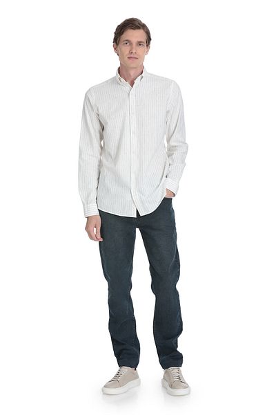 Hatemoğlu Μαύρο Comfort Fit ριγέ με κουμπιά πέτο Βαμβακερό-λινό μακρυμάνικο πουκάμισο