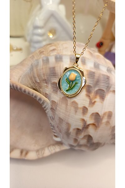 QERMA Lale Figürlü Lale Detaylı Çelik Sanat Kolye Tablo Kolye Çelik Kolye Yılbaşı Yeniyıl Hediyesi