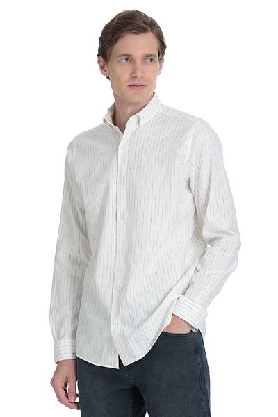 Hatemoğlu Μαύρο Comfort Fit ριγέ με κουμπιά πέτο Βαμβακερό-λινό μακρυμάνικο πουκάμισο