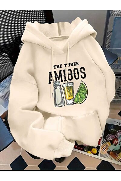 caddekombin The Three Amigos Printed Hooded Pocket Cotton Beige Sweatshirt
