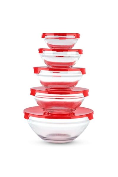 KORONA Set of 5 Glass Bowls with Plastic Lids, Red