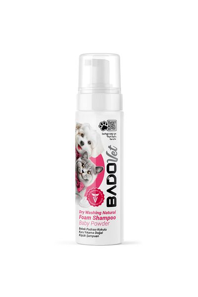 BAD0 Sampon spuma, uscat, pentru pisici si caini, cu parfum de pudra de bebelus, 200 ml
