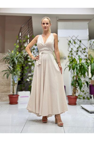 Punta Otantik Pt25071 Shoulder Tie Waist Belted Backless Cotton Dress Cream