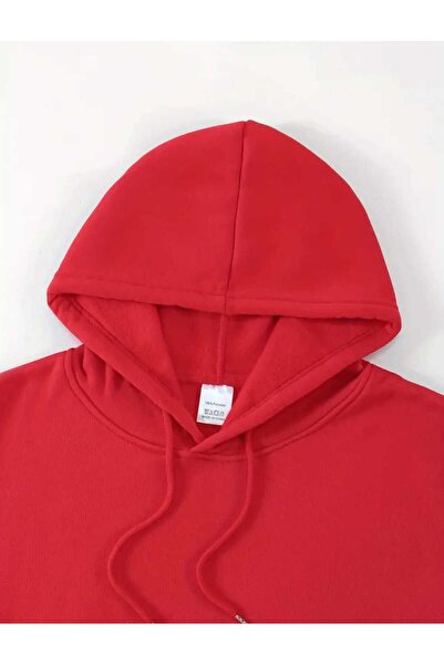 caddekombin Червена суитшърт с качулка, джобове и подплата от вълна с принт „Dream Bridge“