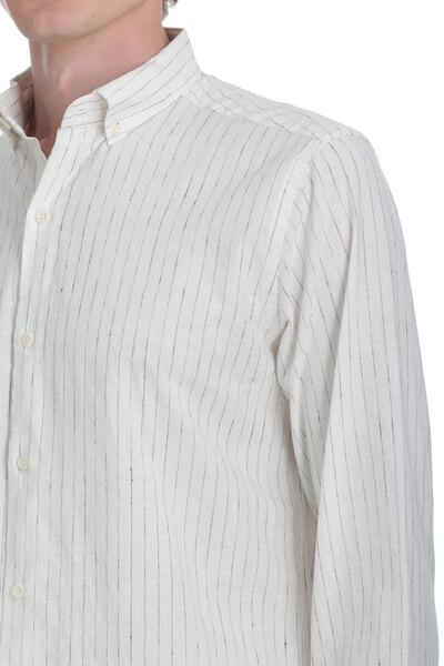 Hatemoğlu Черна Comfort Fit риза с копчета на яката, памук-лен, дълъги ръкави