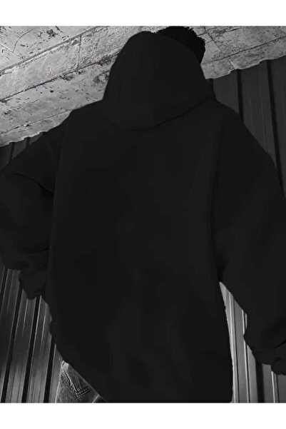 caddekombin Üç Çizgi Baskılı Kapüşonlu Cepli İçi Yünlü Siyah Sweatshirt
