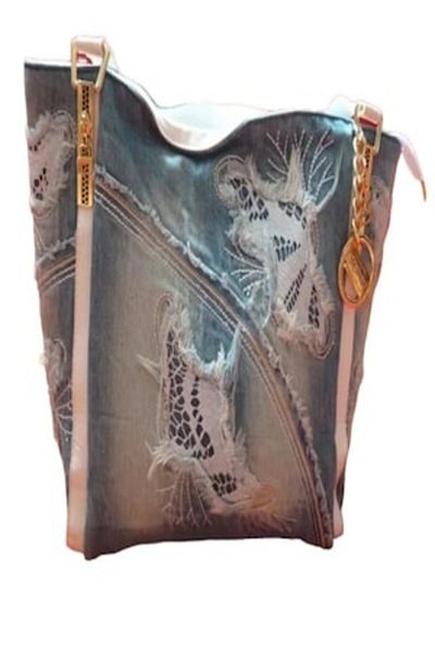blue moon - Geantă de mână din denim la modă cu broderie din bumbac, albastră