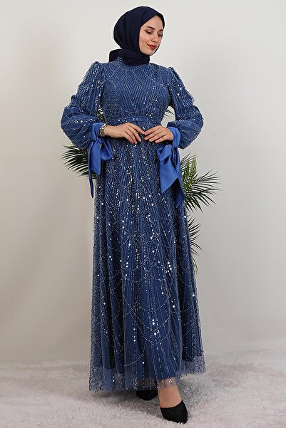GİYZAMİLA Kol Ucu Saten Abiye İndigo