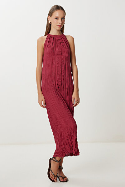 Lovelyİstanbul Kırışık Efektli Yazlık Keten Elbise LGK0005 VİŞNE